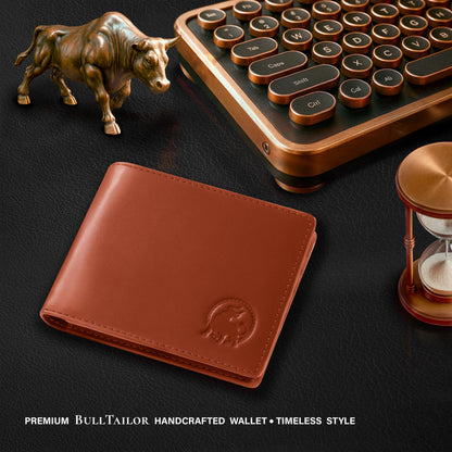 BULLTAILOR Full-Grain Leather Wallet for Men, Minimalist Slim Mens Bifold RFID Blocking Wallet with Cash Pocket, 8 Card Slots (Cognac Brown)