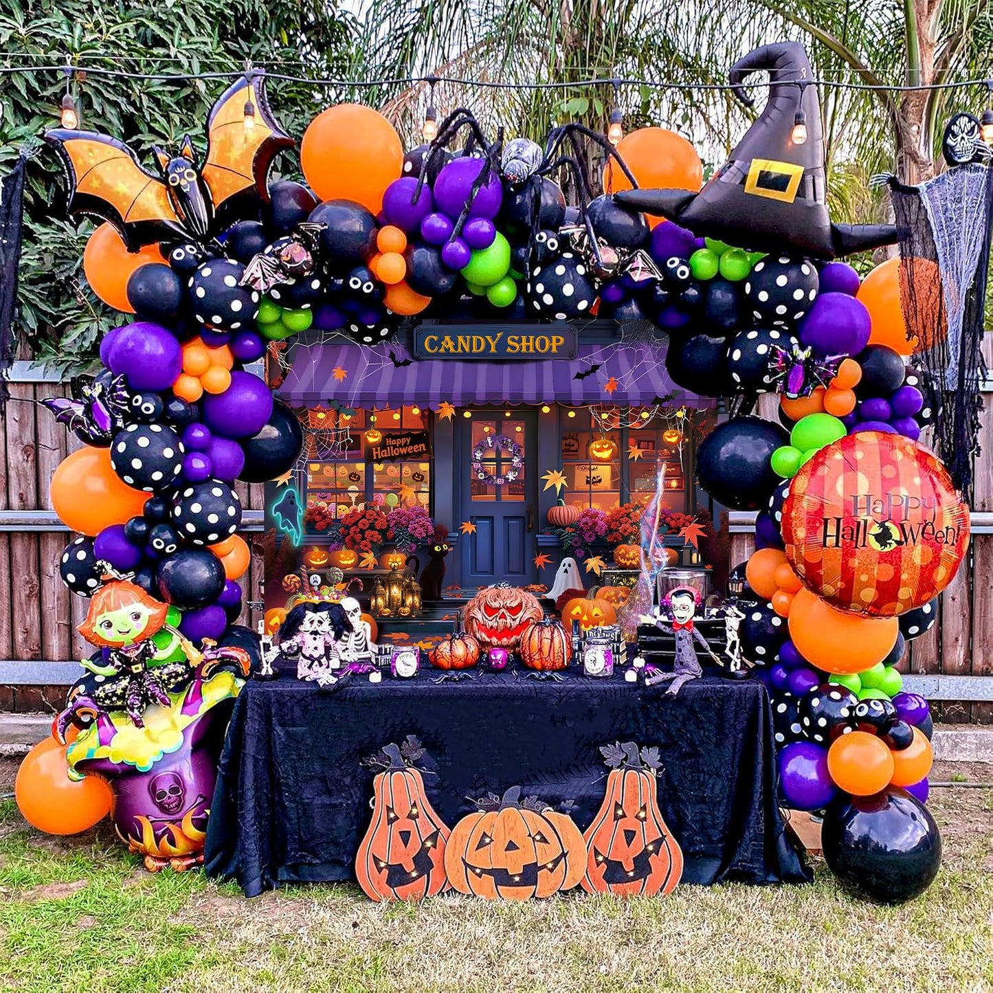 Halloween Candy Shop Backdrop Magic Witch Pumpkin Shop Maple Leaves Photography Background Halloween Pumpkin Lantern Night Theme Party Decorations Banner (8X6FT(94 x 70 inch))