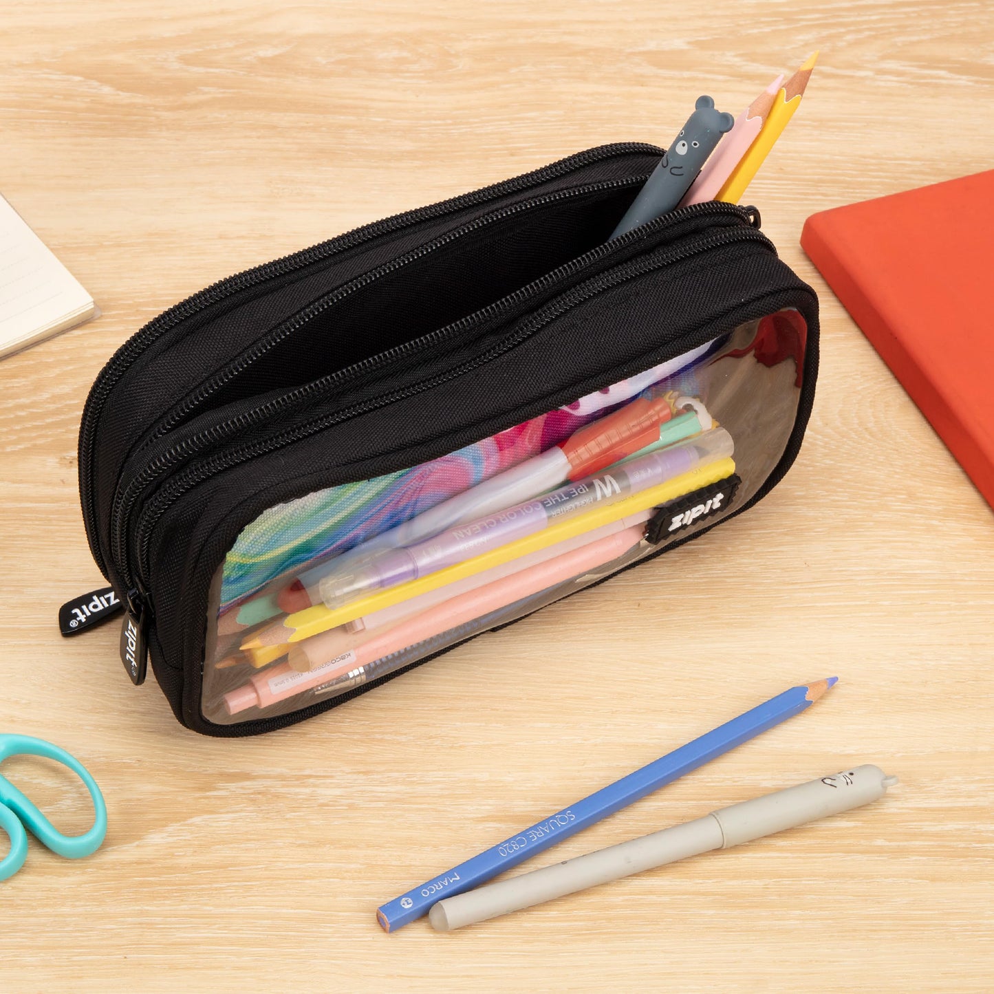 ZIPIT Half & Half Pencil Case, 3 Compartment Zipper Pouch for School, Stationery Bag for Teen Girls Boys and Adults, Black