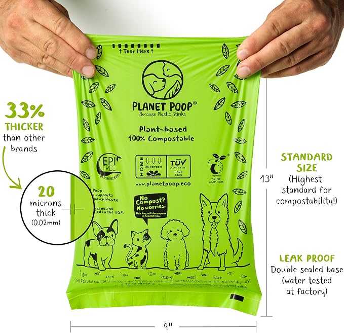 PLANET POOP Home Compostable Dog Poop Bags on Refill Rolls, 120 Un-Scented Pet Waste Bags, Thick Leakproof Plant-Based Doggy Bag, Cat & Dogs Supplies