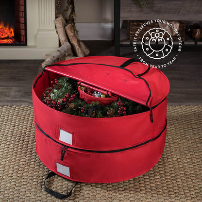 ZOBER Christmas Wreath Storage Container 30 Inch - Wreath Bag Fits 2 Wreaths Box - 600D Oxford Fabric - Interior Compartment for Storing Garlands, Wreaths Storage Bag W Strong Durable Handles - Red