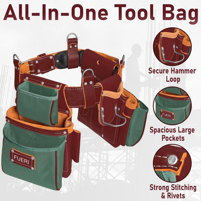 FUERI Electrician's Heavy Duty Tool Belt with Suspender, Made of Thick Leather and Durable Nylon, Comes with Adjustable Padded Tool Belt, Storage Capacity Tool Pouches, Hammer Holder, And Loops.