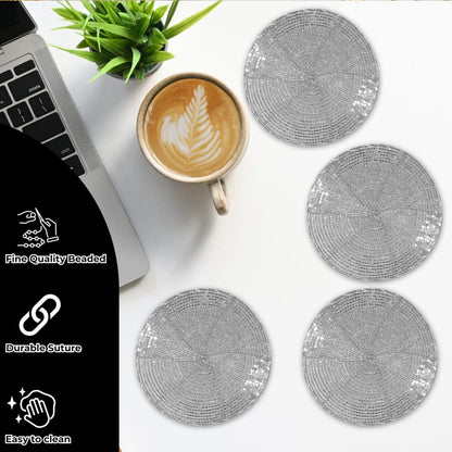 Silver Coasters Set of 4,Handmade Beaded Bar Drink Tabletop Protection Coasters - Halloween Harvest Autumn Fall Thanksgiving Holiday Christmas Xmas Celebration Festive Party 4" Round - Silver