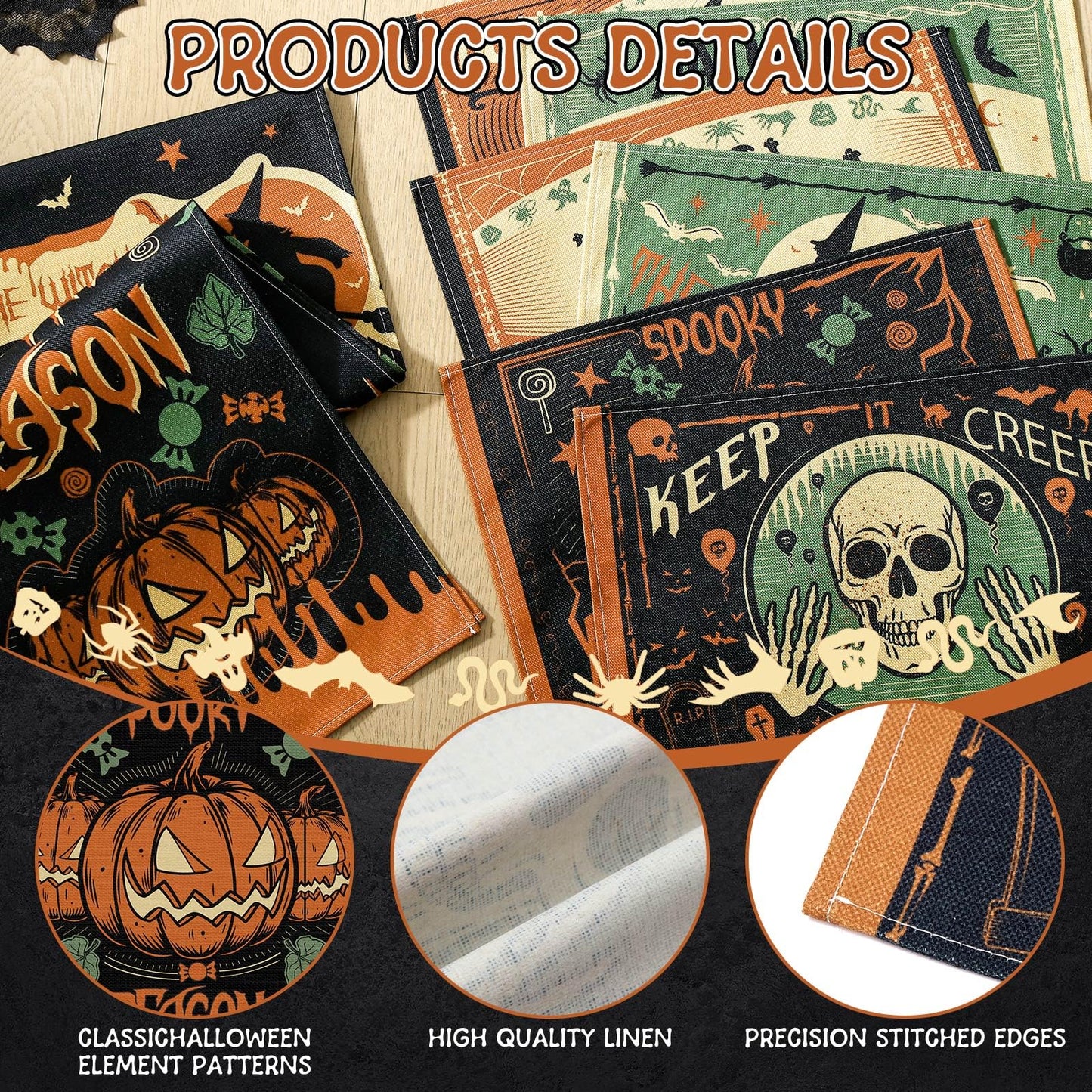 Breling 7 Pcs Halloween Placemats with Runner 12"x18" Terror Forest Gothic Bat Placemats Washable Rectangle Skull Table Mats for Halloween Kitchen Dining Table Home Accessories (Scary)