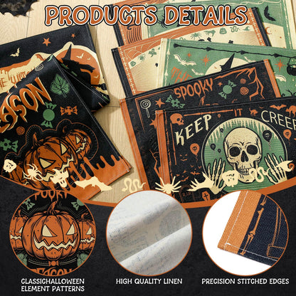 Breling 7 Pcs Halloween Placemats with Runner 12"x18" Terror Forest Gothic Bat Placemats Washable Rectangle Skull Table Mats for Halloween Kitchen Dining Table Home Accessories (Scary)