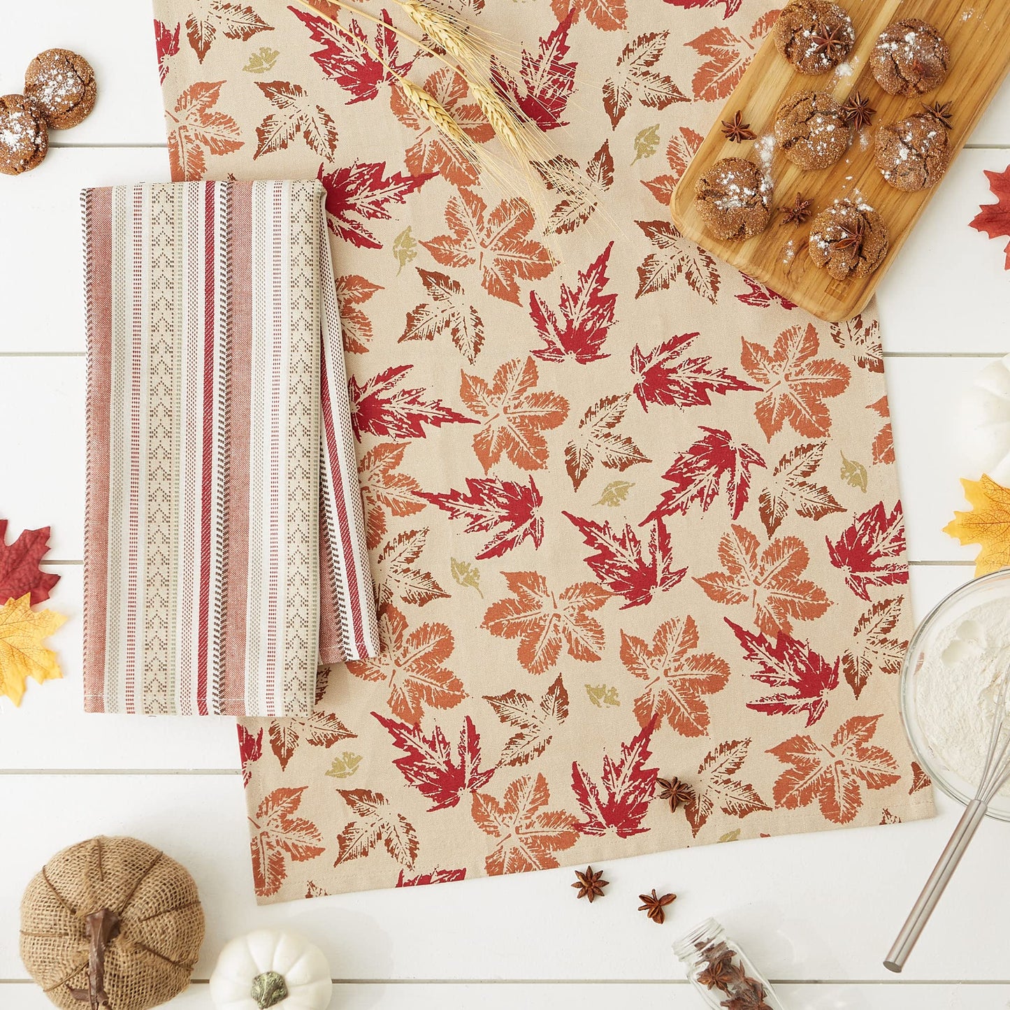 DII Autumn Basics Collection Decorative Thanksgiving & Fall Kitchen, Dish Towel Set, 18x28, Rustic Leaves, 2 Piece