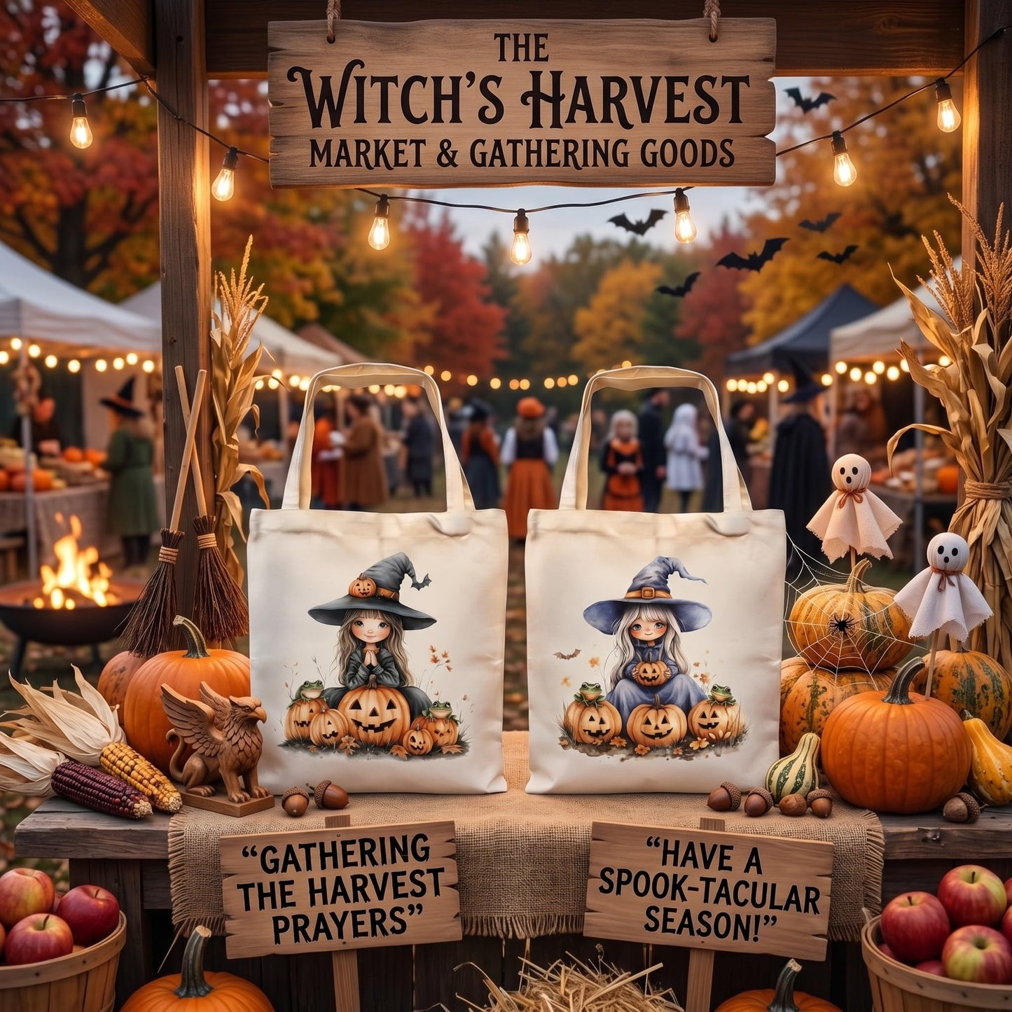 Fall Halloween Tote Bags 2Pcs, Cotton Blend Canvas Tote with Pumpkin Ghost Witch Prints, Reusable Shoulder Bags for Thanksgiving Party Trick or Treat Gift (witch&pumpkin)