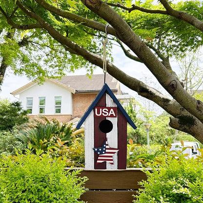 Linfevisi Wooden Patriotic Bird House Bluebird Nest Box American Flag Birds Boxes Home Wood Birdhouses Hanging Outdoor Decorative for Wren Finch Chickadee Sparrows Cardinals Tree July 4th(A)