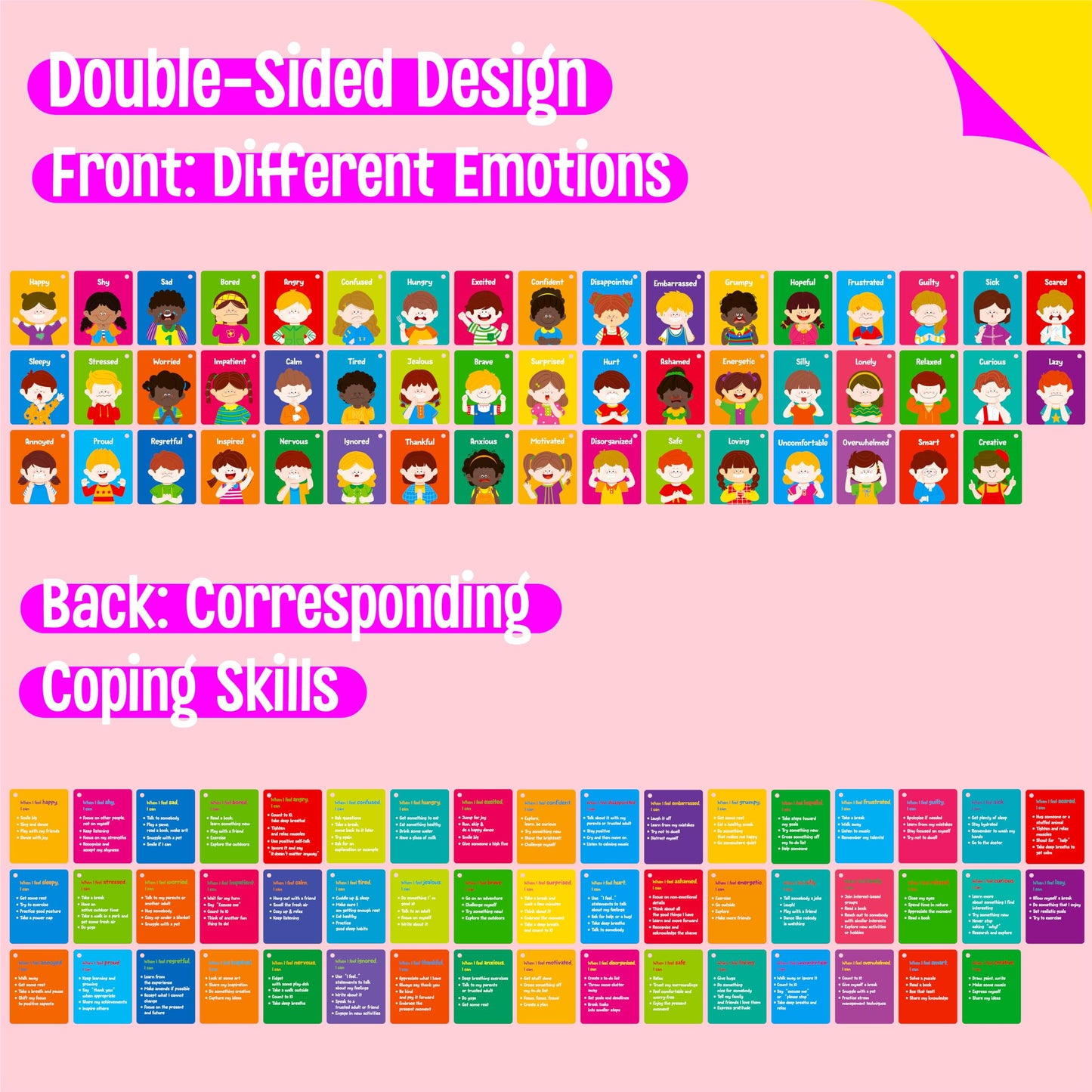 Emotions Flashcards, 50 Different Feelings with Coping Skills-Learn to Identify Various Moods, Cartoon Faces Emotions for Kids with Autism, ADHD -Emotion Flipbook for Therapy, Home Use