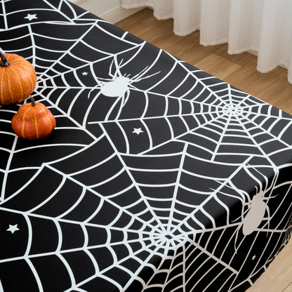 VEDACHIC Halloween 52x70 Tablecloth Rectangular Black Spider Web Table Cloth - Oblong Polyester Cobweb Black Halloween Table Cover Washable Waterproof for Party Picnic Kitchen Indoor Outdoor Décor