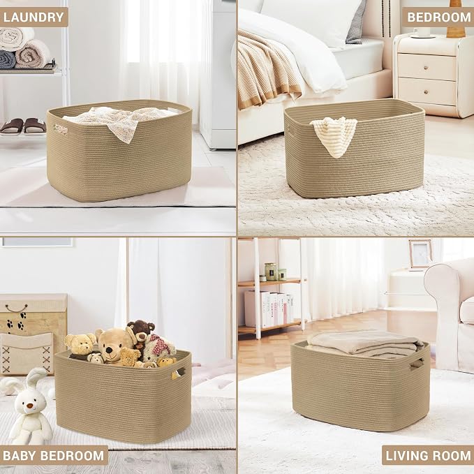 60L Small Wicker Laundry Basket for Living Room Storage,Boho Woven Cotton Rope Baskets for Kids Toy,Gifts,Square Blanket Hamper for Bedroom Dirty Clothes,Jute