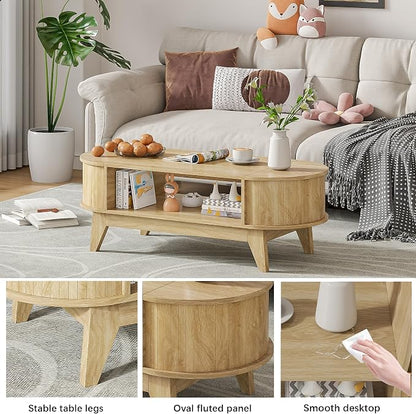 Coffee Table with 2 Hidden Storage,Mid Century Modern Coffee Table with Fluted Finish,Wood Center Tables Oval Coffee Tables with Flip-Top Lids for Living Room Home Office (Oak)