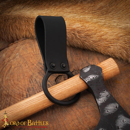 Lord of Battles Medieval Leather Axe Frog – Heavy Duty Belt Axe Holder with Steel O - Ring |6 Inch Genuine Leather Axe Holster for Viking, LARP, SCA & Reenactment Gear (Black)