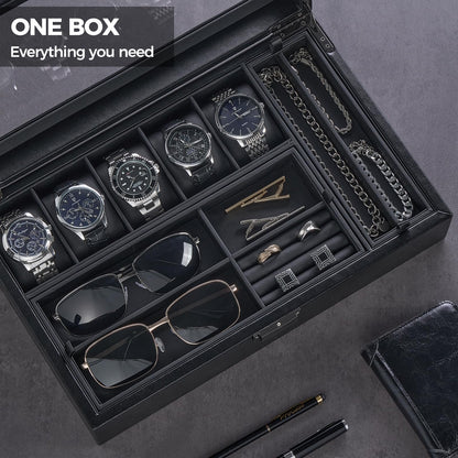 ProCase Men's Jewelry Box, 5-Slot Watch Display Case Jewellry Storage Organizer for Sunglasses Rings Accessories with Hidden Compartment, Watch Holder with Glass Lid, Fathers Day Gift -Black