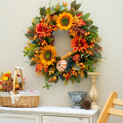 Fall Wreaths for Front Door – 24 Inch Autumn Wreath with Pumpkins, Sunflowers, Berries & Maple Leaves – Fall Door Wreath for Outdoor Thanksgiving, Halloween & Harvest Decor