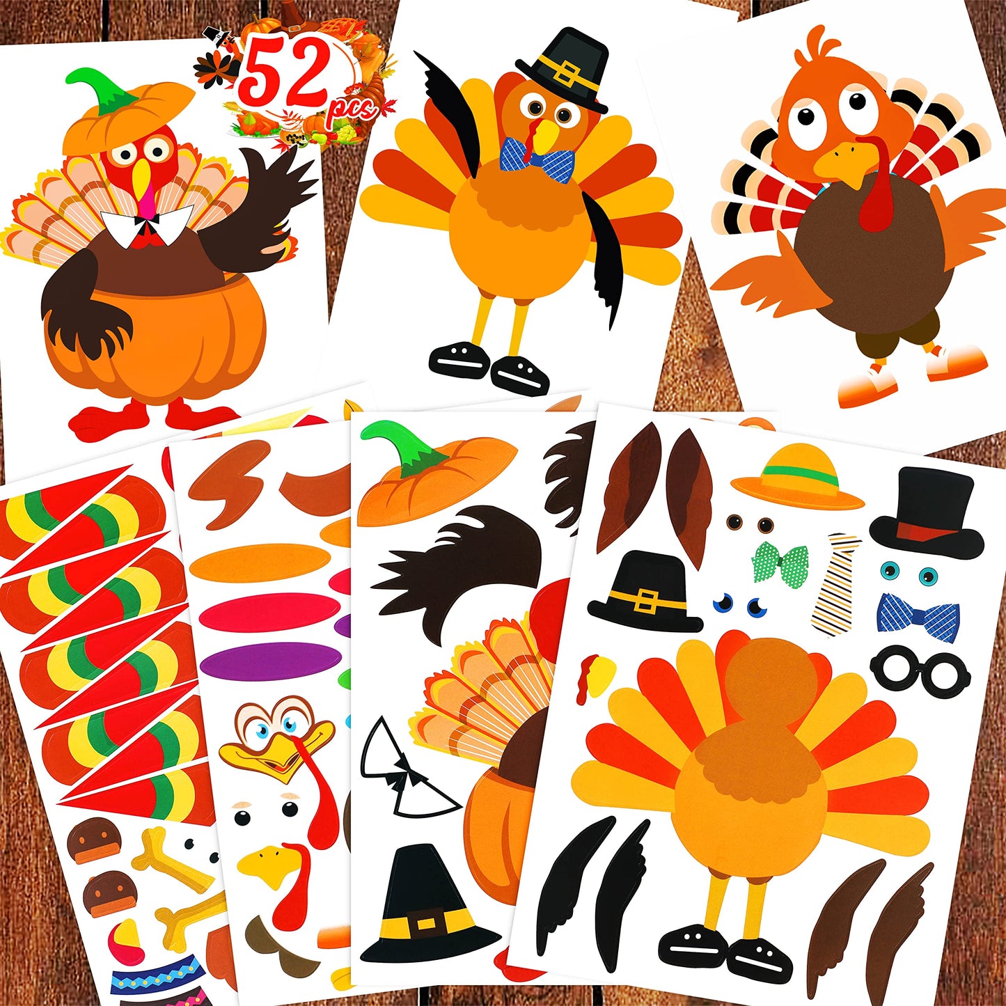 52pcs Thanksgiving Crafts for Kids, Make-A-Turkey Stickers Party Games/Favors/Supplies(Style1)