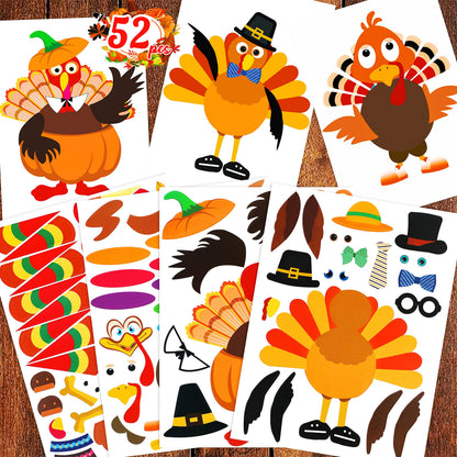52pcs Thanksgiving Crafts for Kids, Make-A-Turkey Stickers Party Games/Favors/Supplies(Style1)