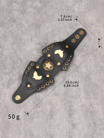 GelConnie Womens Black Leather Cuff Bracelet Wide Leather Biker Cuff Bracelet for Men Star Studded Punk Rock Wristband Gothic Bracelets