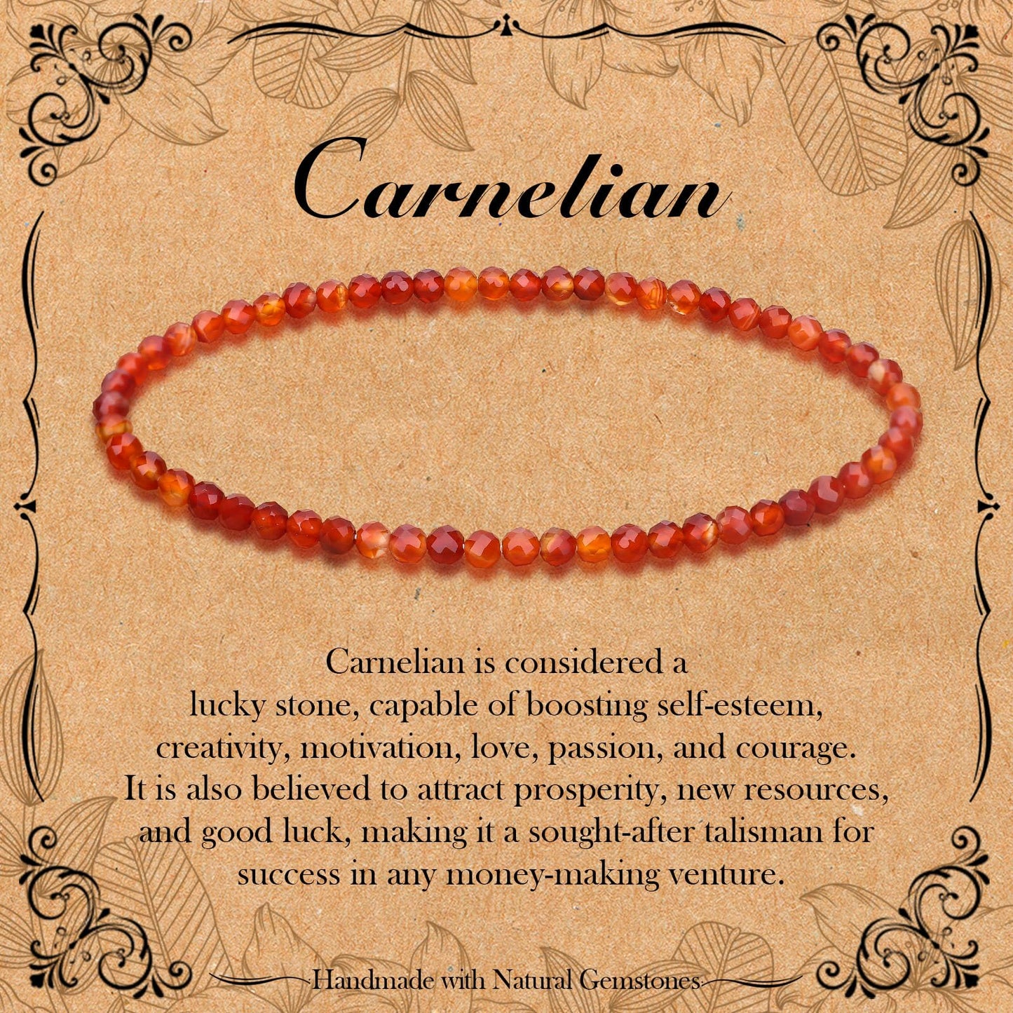 BONNY BOXX Natural Genuine Gemstone Faceted Round Beads Bracelets, 3mm Adjustable Stretchy Tiny Faceted Carnelian Bracelet, Healing Crystal Reiki Chakra Dainty Jewelry Fashion Gifts