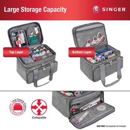 SINGER Sewing Accessories Organizer (Bag Only) – Double Layer Portable Sewing Storage Bag | 2 Detachable Pouches and 18 Compartments, Large Sewing Supplies & Crafting Carry-all (Gray)
