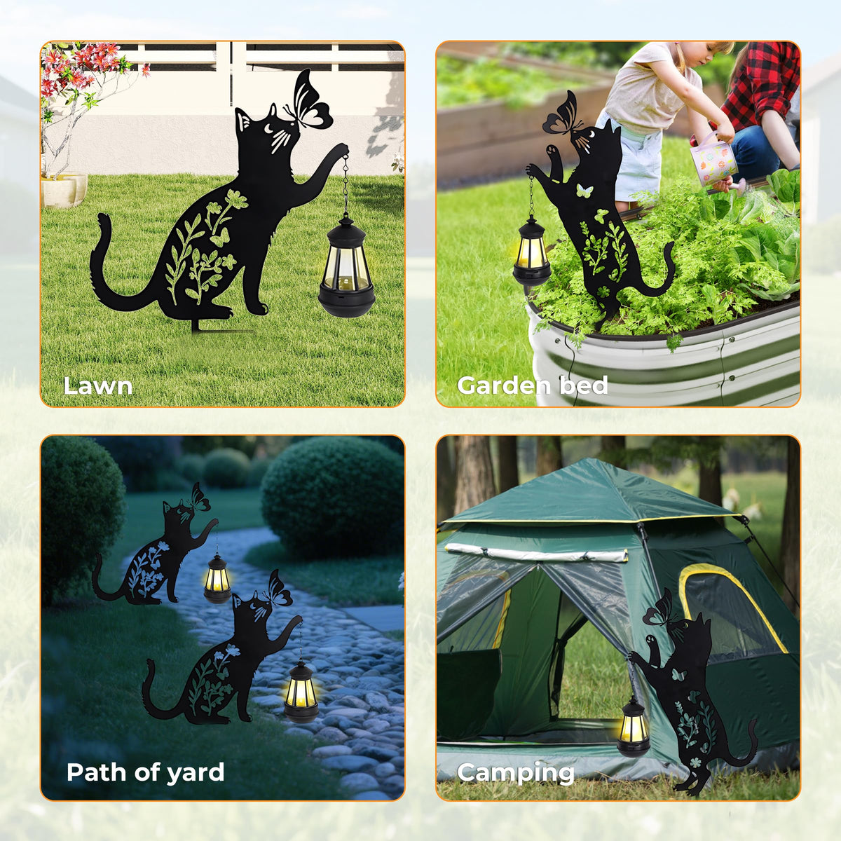 Cat Solar Lights Outdoor Garden, 2 pcs Lantern Stakes Decorative Black Ornament with Butterfly,Metal Garden Decor Art for Outside Lawn Yard Patio, Cat Yard Art Gifts for Halloween,Christmas