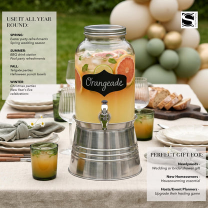 Style Setter Bristol Beverage Dispenser with Blackboard and Ice Bucket Stand Cold Drink Wine Juice with 1 Gallon Capacity Glass Jug and Leak-Proof Acrylic Spigot Great for Parties, Weddings and More