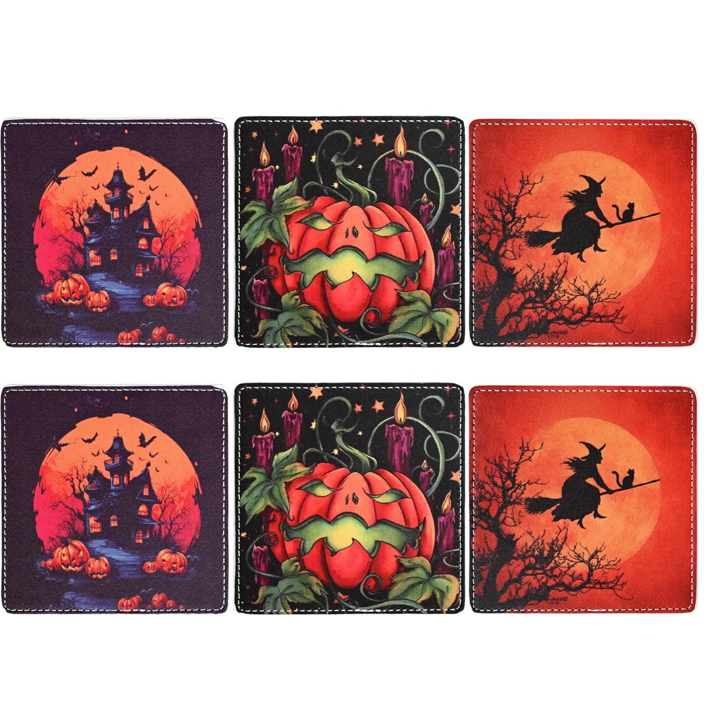 Marble Coasters Square Leather Drinks Coaster Set with Holder for Coffee Table Bar Home Decor 4 Inches Set of 6 (Halloween, One Size)