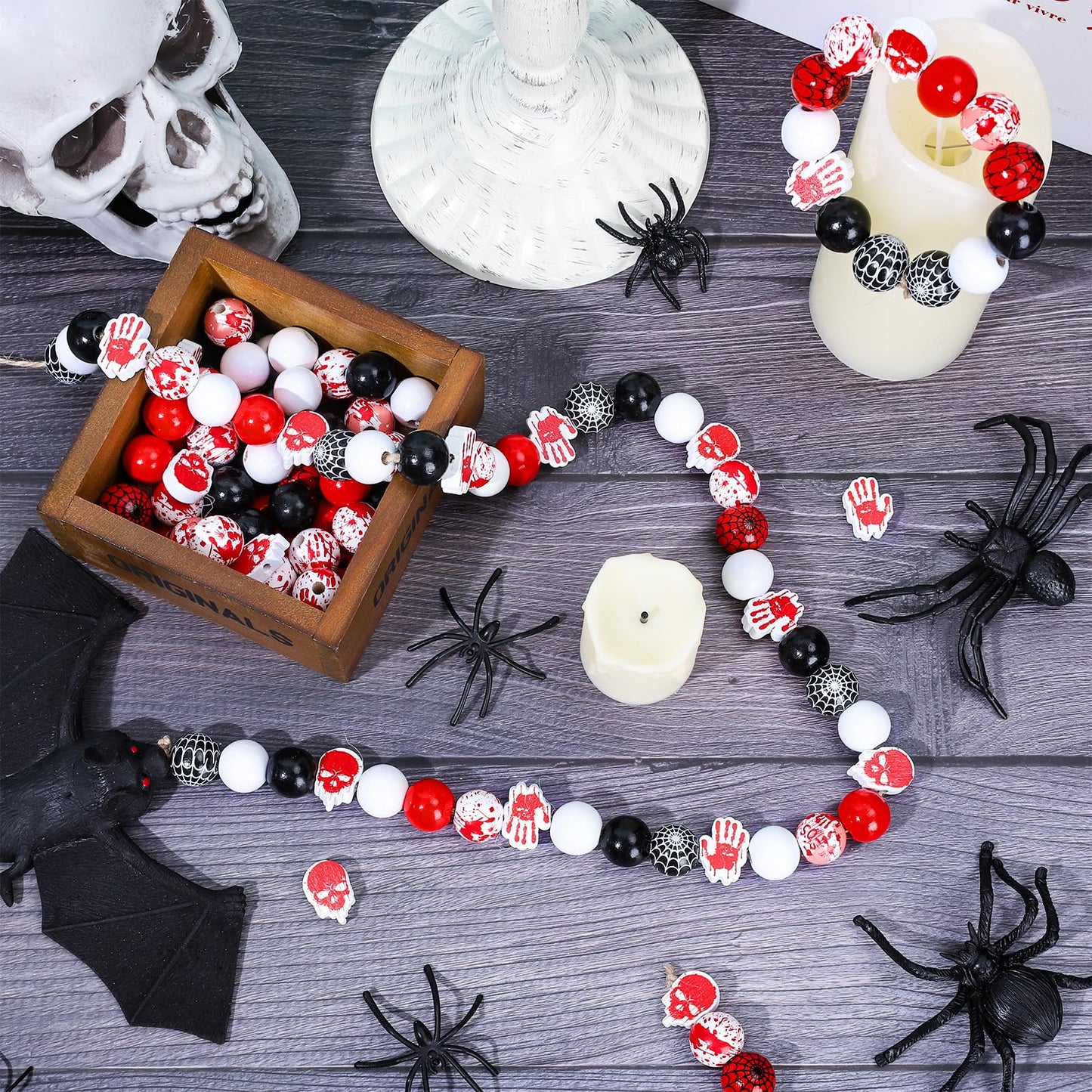 Whaline 130Pcs Halloween Wood Beads 16mm Bloody Trick or Treat Wooden Beads Spider Web Craft Spacer Bead for Necklace Bracelet Jewelry Making DIY Decor, Red Black White
