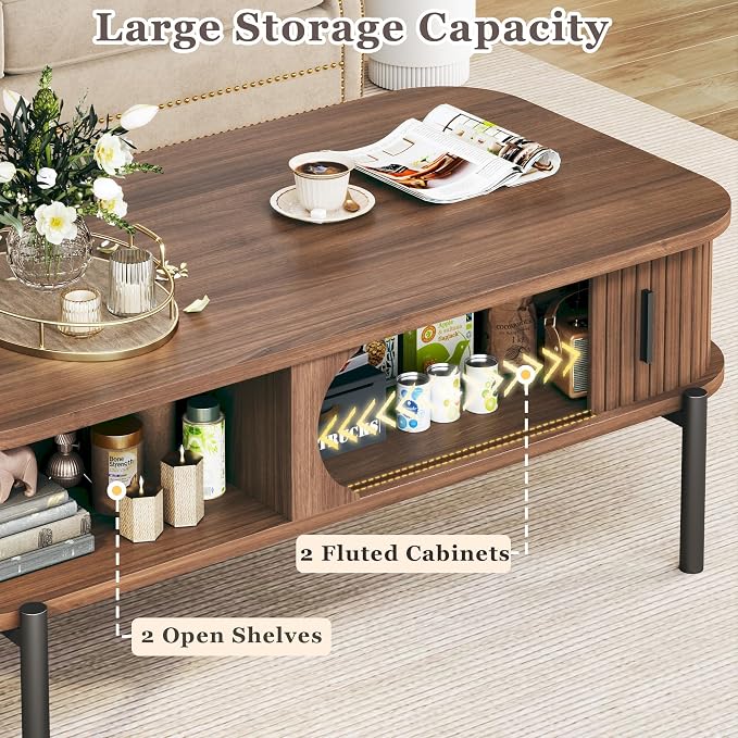 Coffee Table, 39.4" Fluted Coffee Table for Living Room, Mid Century Modern Table with Sliding Cabinet Door 2-Tier Rustic Wood Desktop with Storage Open Shelf, Walnut
