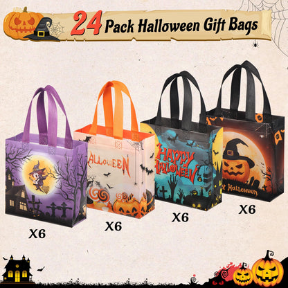 TONESPAC 24 PCS Halloween Trick or Treat Bags, Non-woven Reusable Tote Halloween Candy Gift Bags with Handles for Gift Giving, Party and Trick or Treat (7.9 x 7.9 x 3.15 inch)