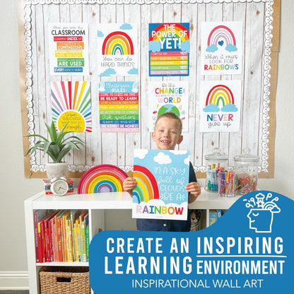 Hadley Designs Motivational Poster for Classroom Decor - 9 Growth Mindset Classroom Posters Elementary, Inspirational Wall Decor Middle School, Teacher Must Haves, Rainbow Bulletin Board Decorations
