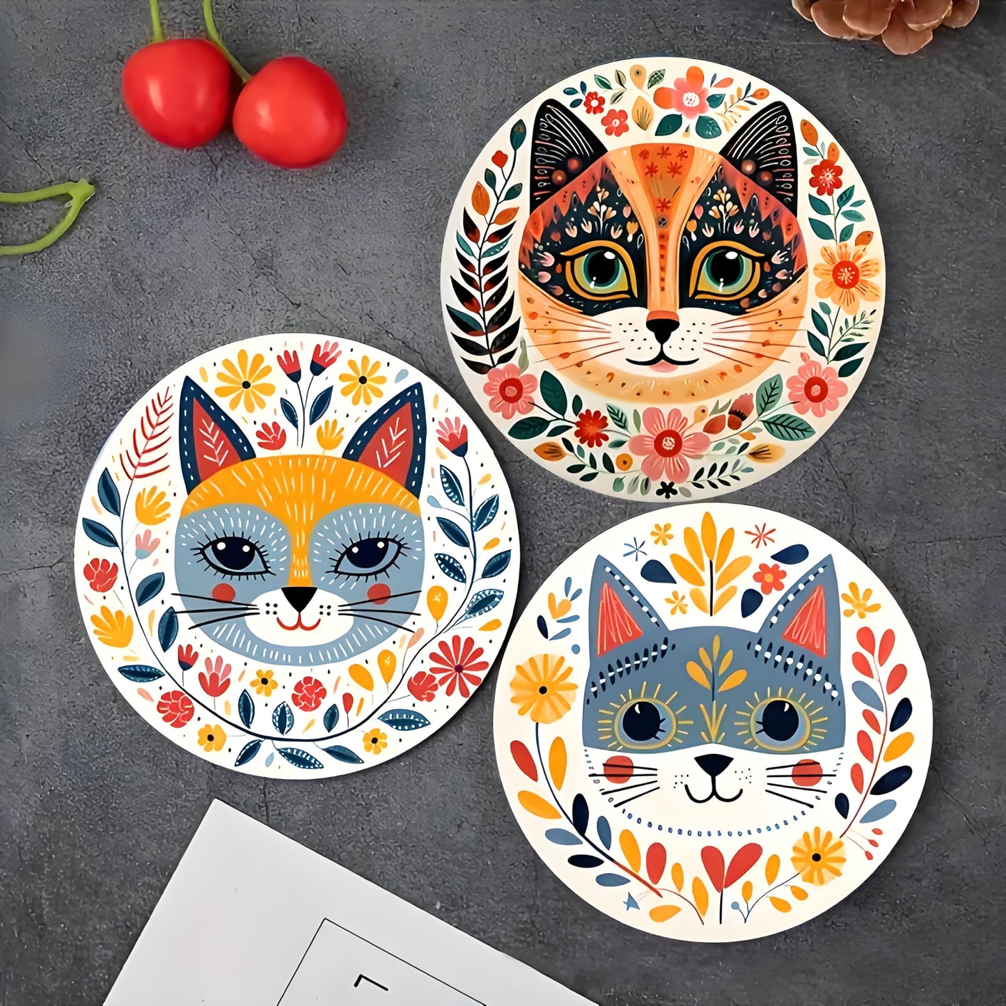 Monattrod Wood Coasters Set of 6 - Handcrafted Drink Coaster Thick Heat-Resistant for Office, Bar, Farmhouse - Cute Cat Drink Cup Coasters for Table Protection