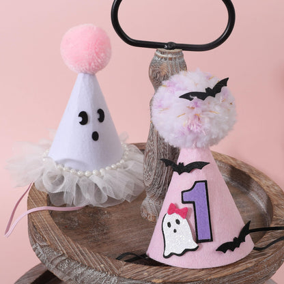 Agkvw Halloween Pink Ghost 1st Birthday Hat with Bats - Spooky One Birthday Crown, Cute Halloween 1st Bday Decoration for Girls, My FirstHalloween Bday Decor