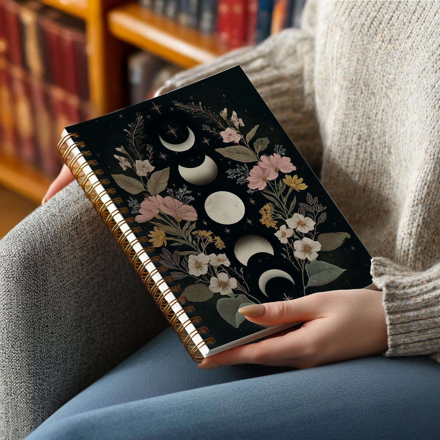 Gothic Notebook Journal for Women - A5 Spiral Notebook with Dark Academia, Flowers Design, Vintage Witchy Journal, Gothic Office & School Supplies, Unique Gifts for Women Birthday, Christmas (Moon)