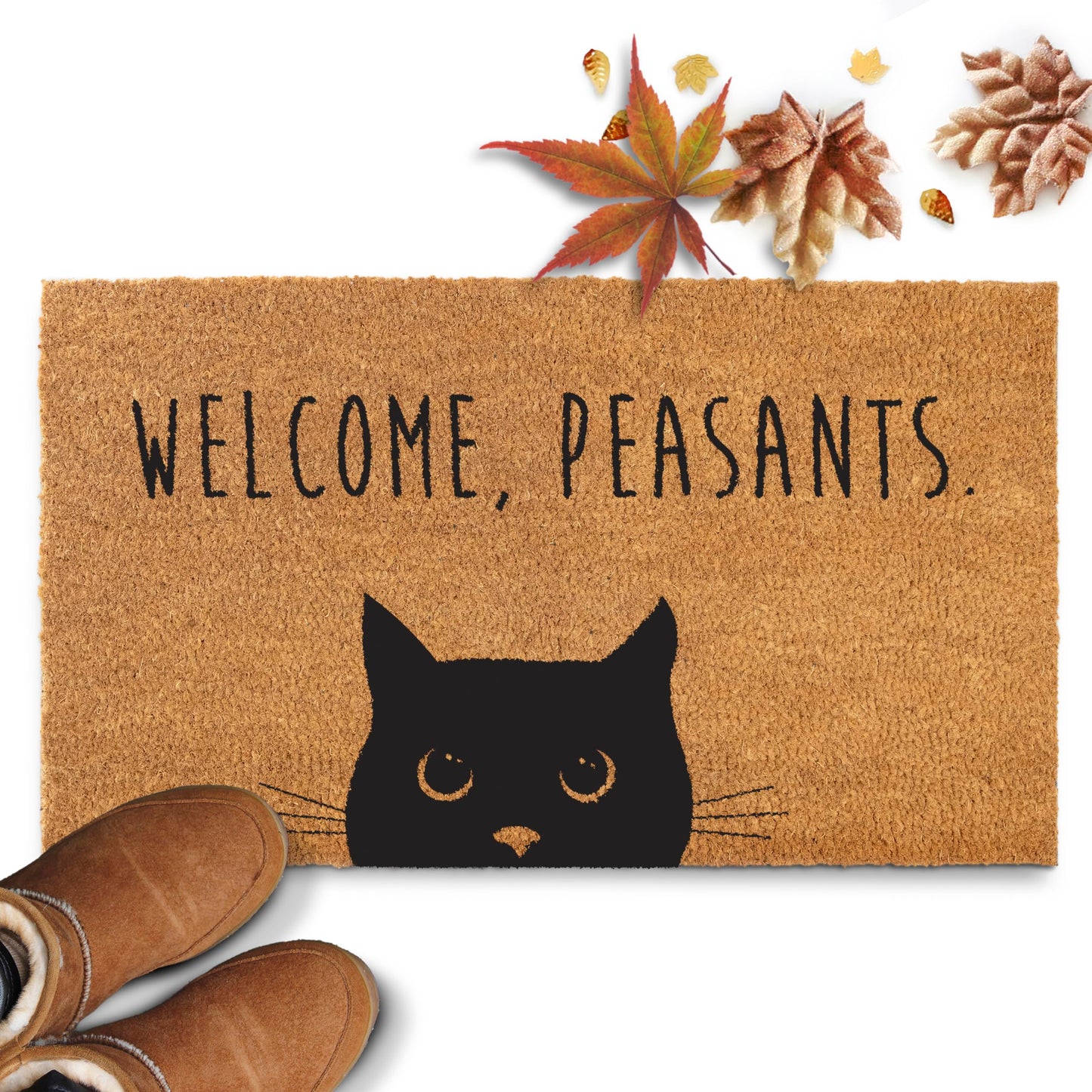 Welcome Peasants Cat Doormat 30x17 Inch, Funny Black Cat Door Mat for Covered Area, Funny Welcome Mat Gift w/ Non-slip PVC Backing