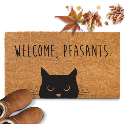 Welcome Peasants Cat Doormat 30x17 Inch, Funny Black Cat Door Mat for Covered Area, Funny Welcome Mat Gift w/ Non-slip PVC Backing