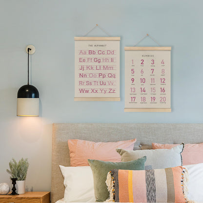 HRQKO Alphabet Numbers Poster Hanger Frame Set of 2, Pink Girls Nursery Wall Decor, ABC Poster Wall Art with Wooden Frames, Pink Alphabet Banner Wall Hanging Decor for Toddler Playroom, 12x16 Inch