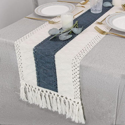 FEXIA Boho Blue Table Runner 108 Inches Long with Tassels Macrame Farmhouse Summer Style Graduation Party Rustic Wedding Baby Shower Dining Kitchen Living Room Decor (12x108 Inches)
