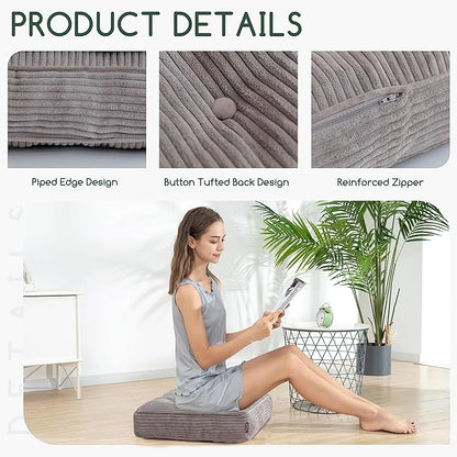 Tufted Corduroy Recliner Seat Cushion for Elderly, High Density Foam Large Square Seat Cushion for Recliner Chair, Floor Pillow, Office Chair, Car, No Pressure on Thighs, 20x20x4