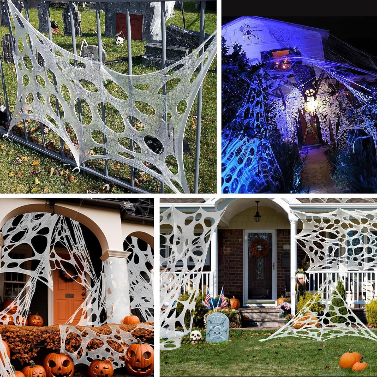 1000 Sqft（After Streched with Holes）Uncut Giant DIY Spider Web Halloween Decorations Outdoor with 10 Ground Nails Stretchy Beef Cloth Netting Cut-Your-Own Flexible Elastic for Yard Party Decor
