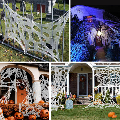 wymulot 1600 Sqft （After Streched with Holes） Uncut Giant Spider Web Halloween Decorations Outdoor with 10 Ground Nails Stretchy Beef Cloth Netting Cut-Your-Own Flexible Elastic for Yard Party Decor