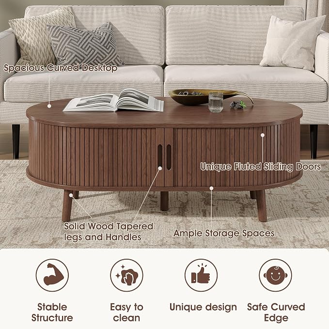 Alohappy 42.5"W Oval Coffee Table, Mid Century Modern Coffee Table with Sliding Tambour Door, Fluted Center Table with Hidden Storage, Curved Profile Dining Table for Living Room, Home Office, Walnut