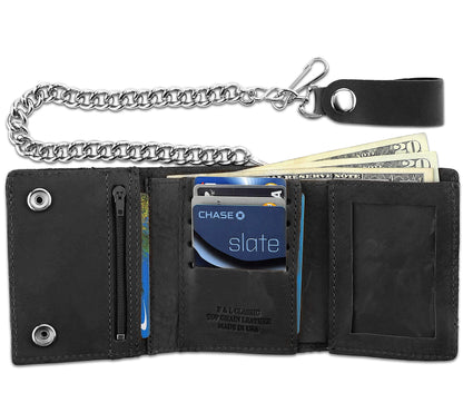 RFID Blocking Men's Tri-fold Vintage Biker Cowhide Leather Steel Chain Wallet,Snap closure, Made In USA,tc315-solid black