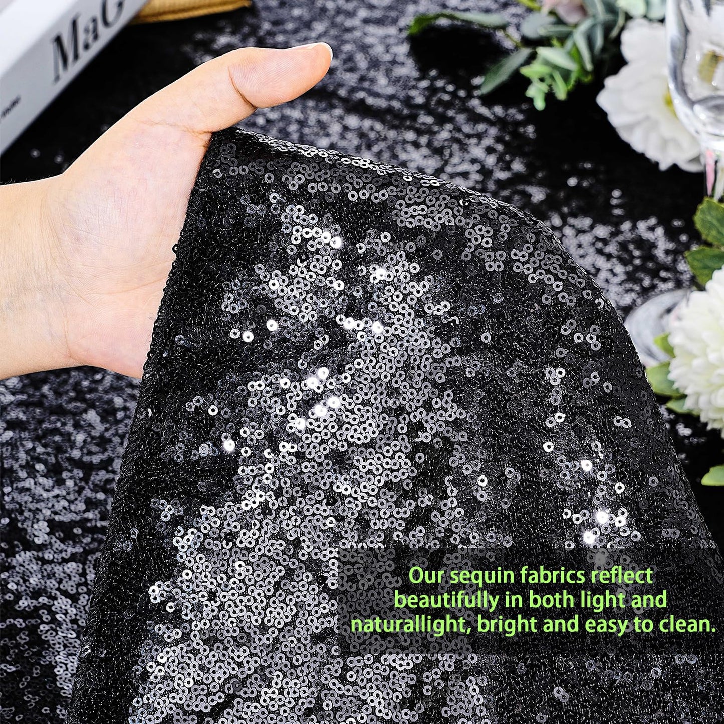MoKoHouse Black Sequin Tablecloth Rectangle 50" x 80" Glitter Table Cloth Sparkly Fabric for Halloween Birthday Parties Cake Dessert Table Decor