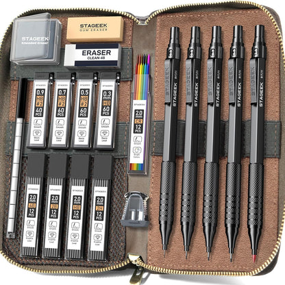 Metal Mechanical Pencil Set in Leather Case, 5PCS Art Drafting Pencil 0.3, 0.5, 0.7, 0.9 & 2mm Lead Holder, 9 Tube (4B 2B HB 2H Colors) Lead Refills for Drawing, Sketching, Writing (Black)