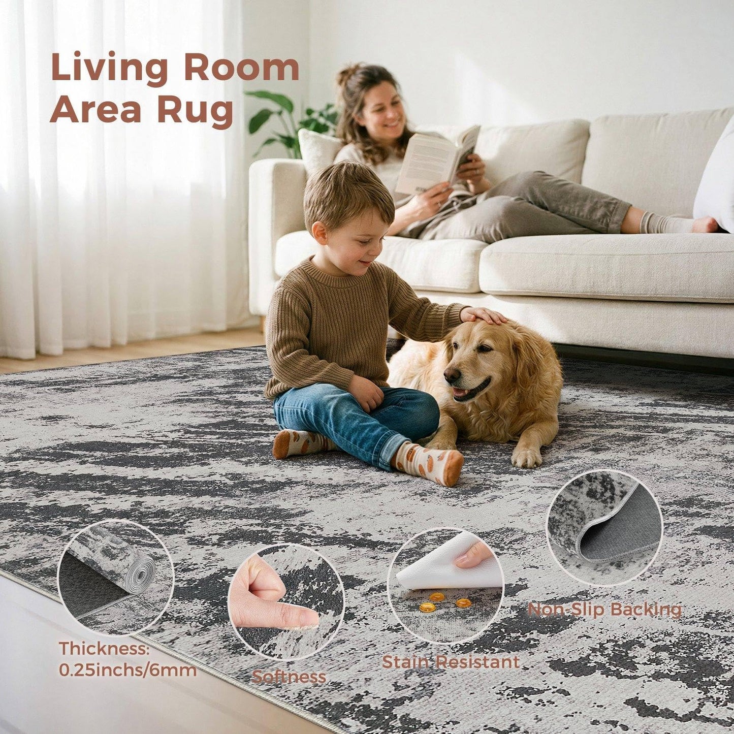 DMOYEST 5x7 Washable Area Rug: Abstract Modern Non-Slip Carpet, Soft Low Pile Indoor Neutral Easy Clean Floor Rugs for Living Room Bedroom Dining Room Kids & Pets - Black