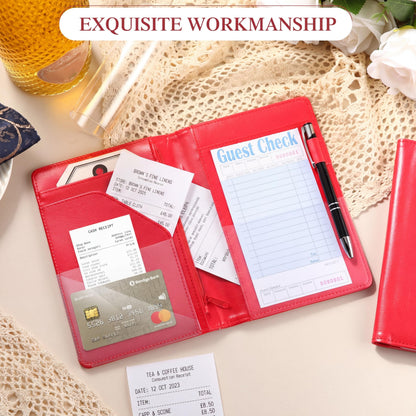 Containlol 6 Pcs Waitress Server Books Guest Book Pad Leather Money Organizer Wallet Organizer Waiter Cash Check Bill Receipt Holder with Pocket for Waitstaff Fit Apron(Red Style)