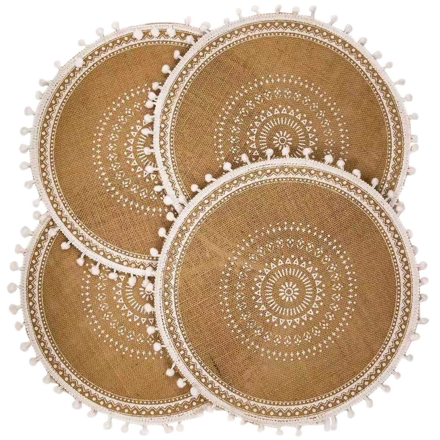 CAPASIN Placemats, Dining Winter Modern Dinner Braided Beige and Fall Circle Placemats Boho Runner Kitchen Round Table Plate Mats Set of 4 (White Ball)