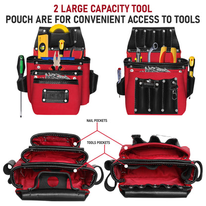 FUERI Heavy Duty 26 Pocket Tool Belt with Suspender | Grain Black Leather & Red Nylon Carpenter Tool Belt With 2 Large Pouches, Hammer Holder, Suspender Loops & Padded Belt, Ideal for Electricians