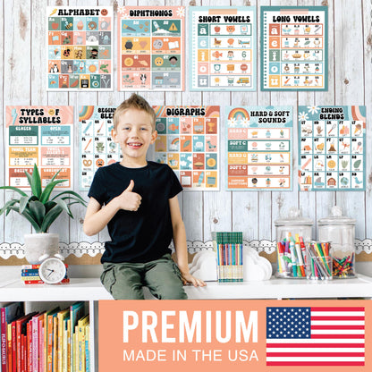 Hadley Designs Phonics Posters for Classroom Must Haves - 9 Sound Wall for Kindergarten & Elementary Teacher Supplies, Syllable, Vowels, Digraphs & Blends Bulletin Board Set, Retro Classrom Decor